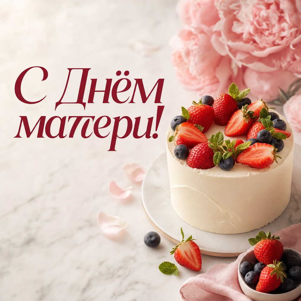 Праздничная открытка на День матери с нежным мини-тортом, ягодами и мятой.
