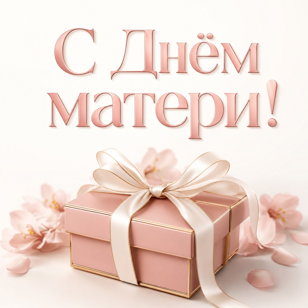 Премиальная открытка на День матери с элегантной подарочной коробкой и бантом.