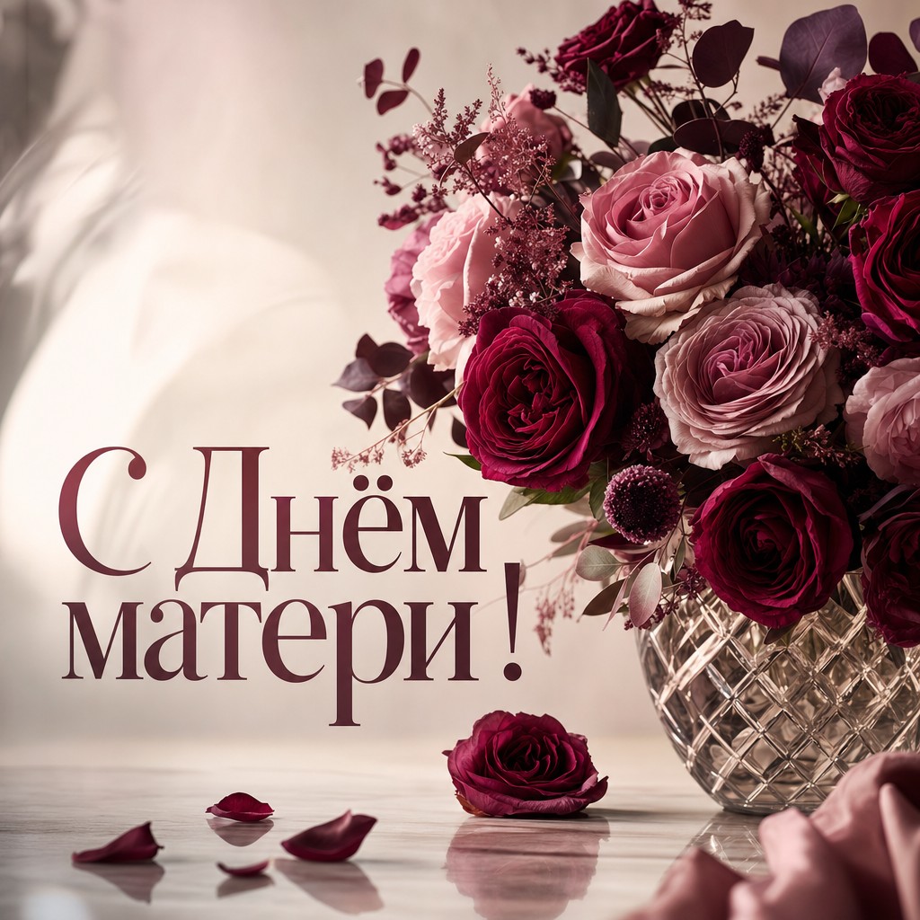 Роскошная открытка на День матери с розами в хрустальной вазе и мягким светом.