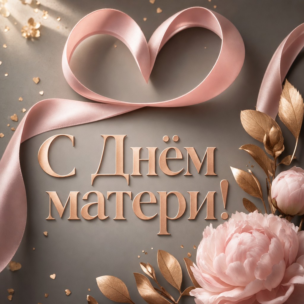Стильная открытка на День матери с шёлковой лентой-сердцем в современной композиции.
