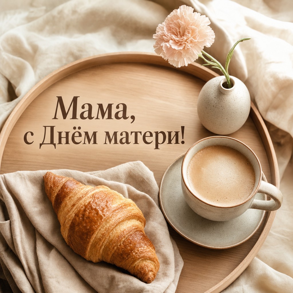Стильная открытка на День матери с утренним завтраком, кофе и цветком для мамы.