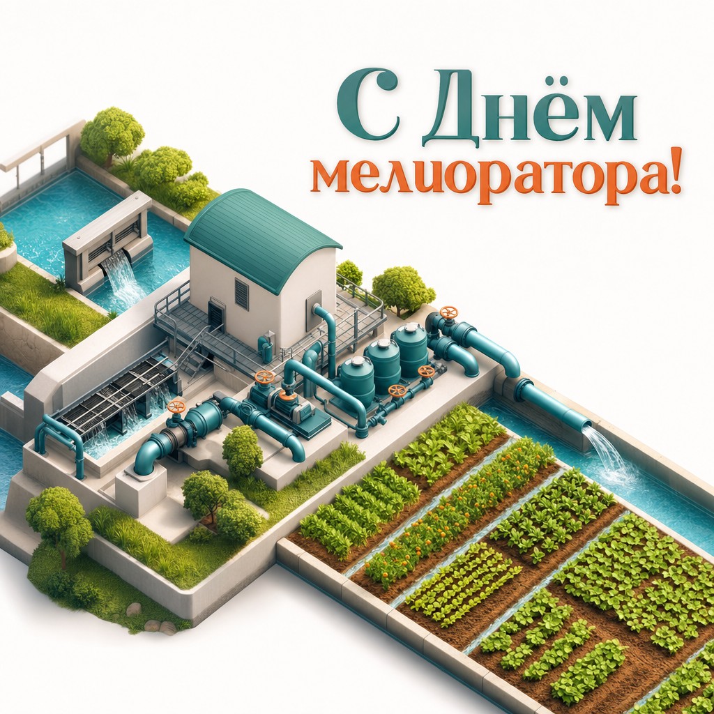 Современная открытка на День мелиоратора с 3D насосной станцией, трубами и свежими зелёными полями.
