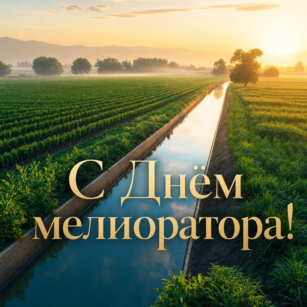 Премиальная открытка на День мелиоратора с оросительным каналом, зелёными полями и тёплым утренним светом.