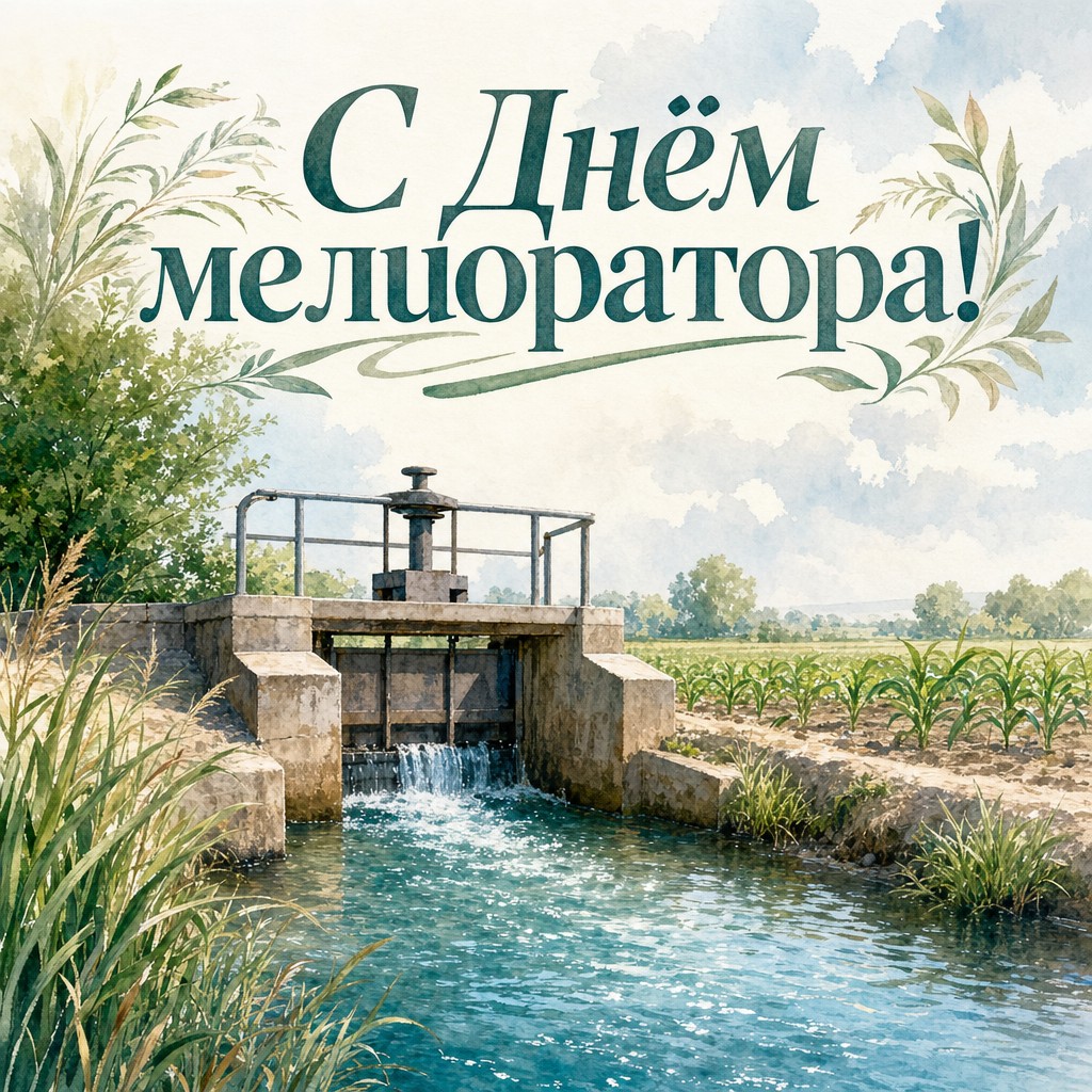 Нежная акварельная открытка на День мелиоратора с водным шлюзом, каналом и спокойным сельским пейзажем.