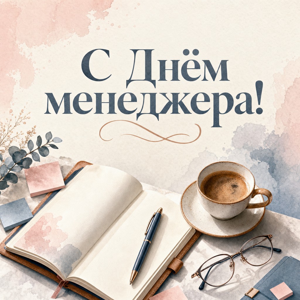 Нежная акварельная открытка на День менеджера с блокнотом, ручкой, очками и кофе.