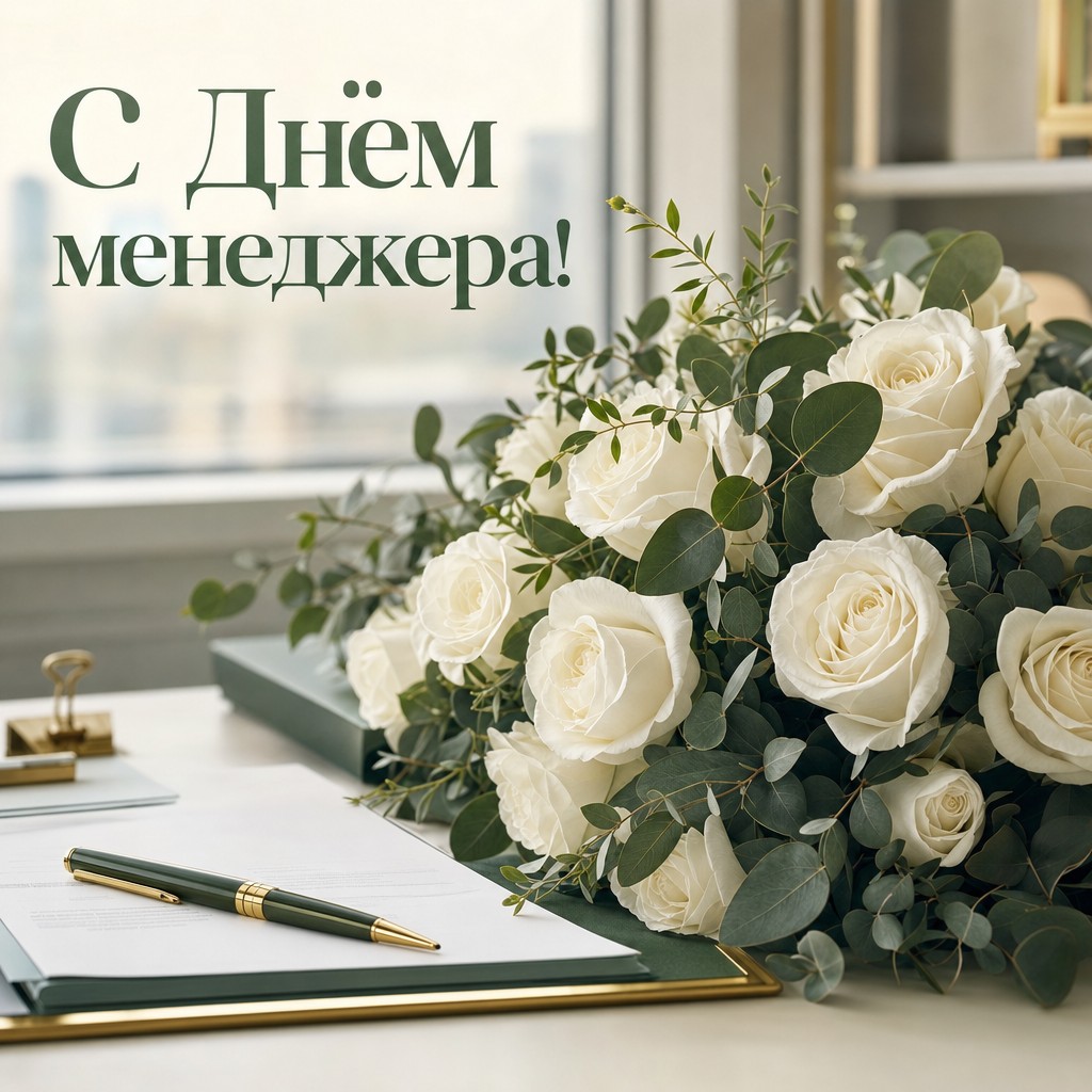 Элегантная открытка на День менеджера с букетом белых роз, документами и деловой атмосферой.