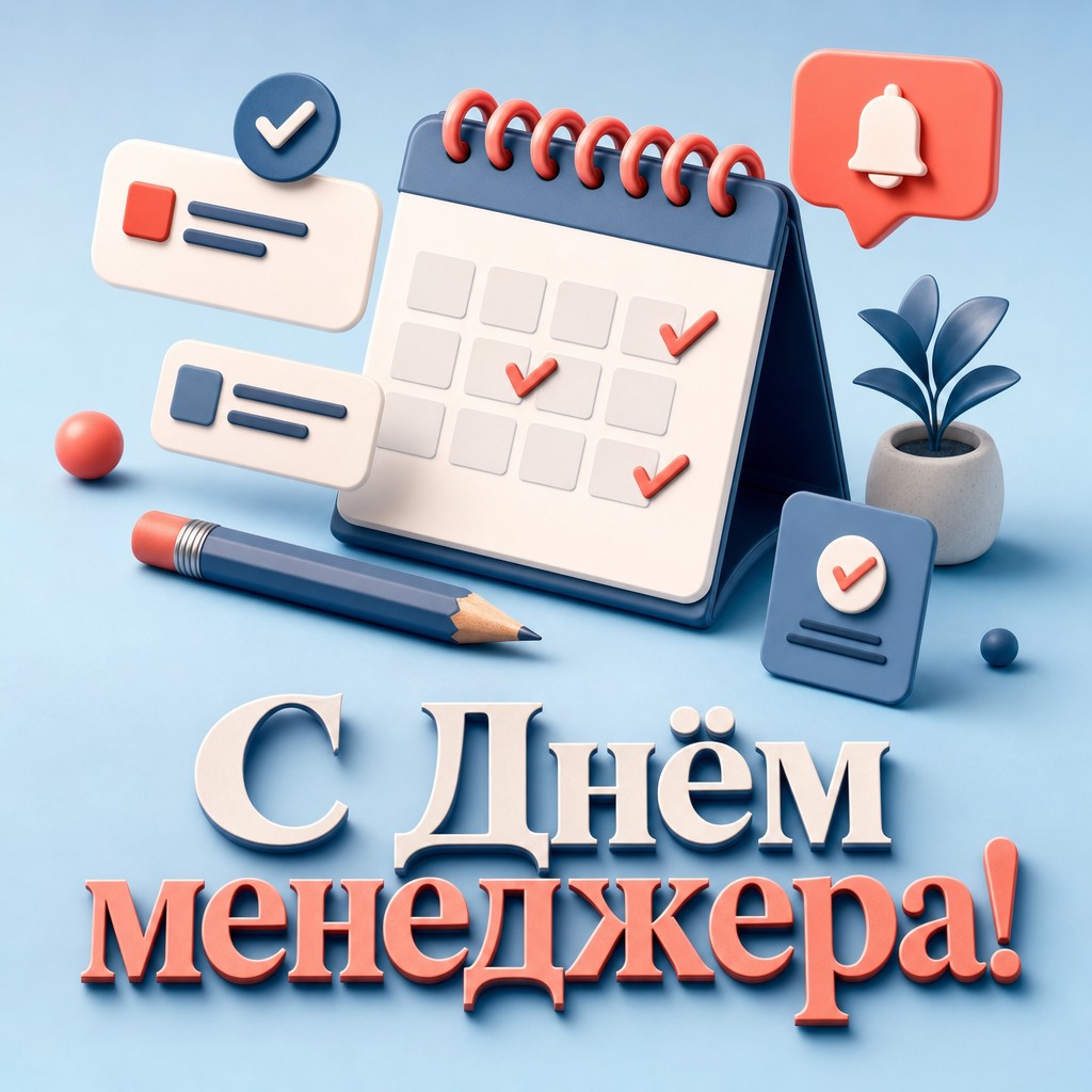 Яркая 3D-открытка на День менеджера с календарём, галочками и символами выполненных задач.