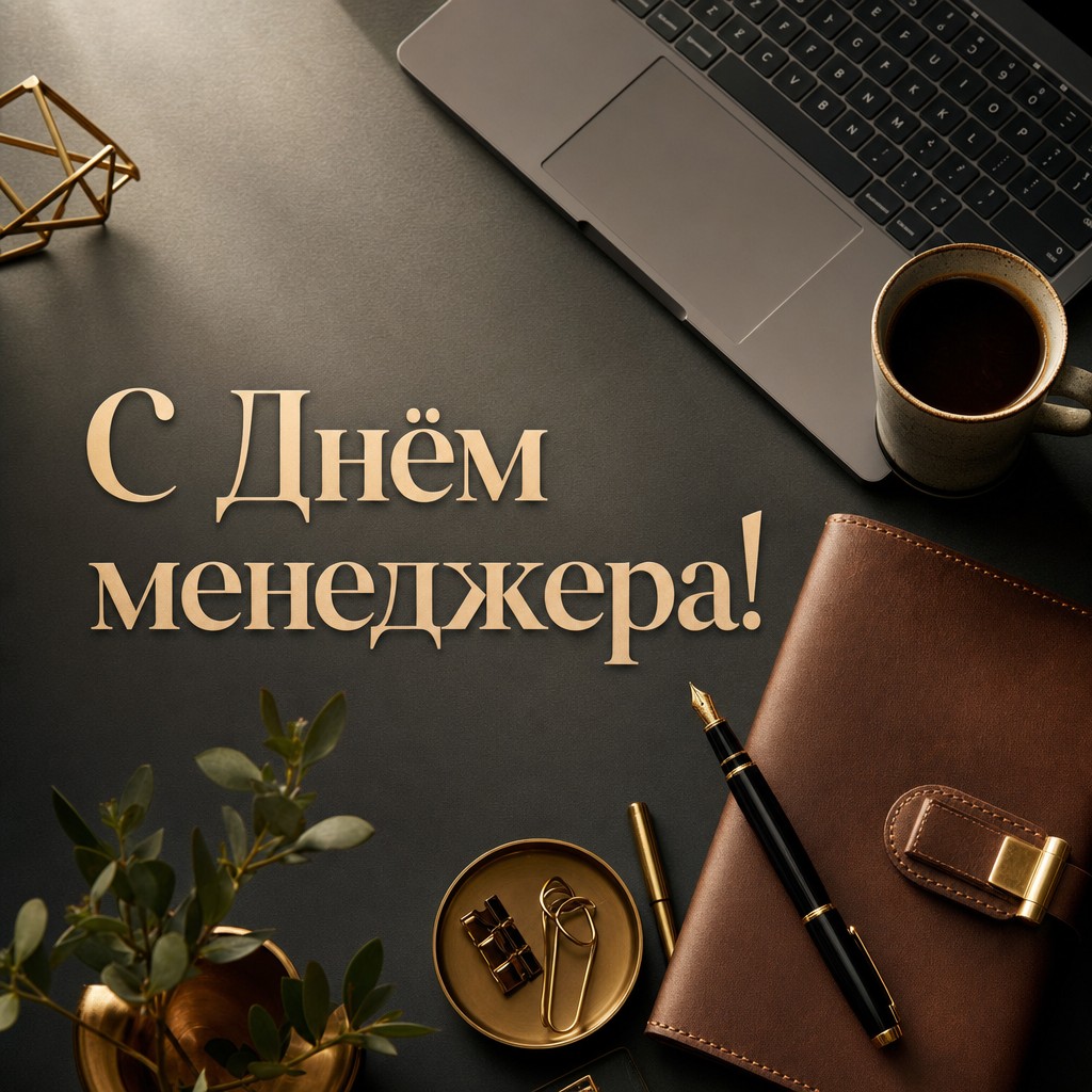 Стильная открытка на День менеджера с премиальным рабочим столом, ноутбуком, ежедневником и кофе.