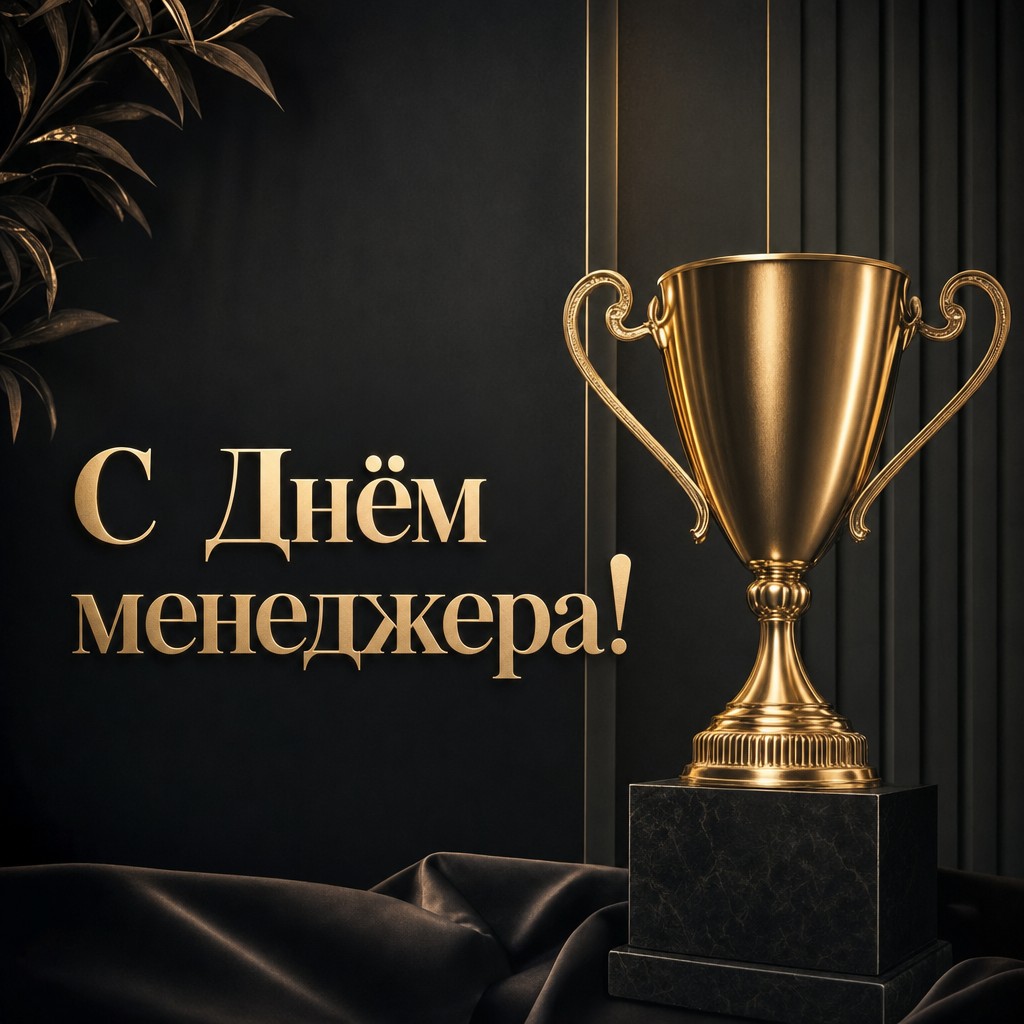 Роскошная открытка на День менеджера с золотым кубком, тёмным фоном и атмосферой признания.
