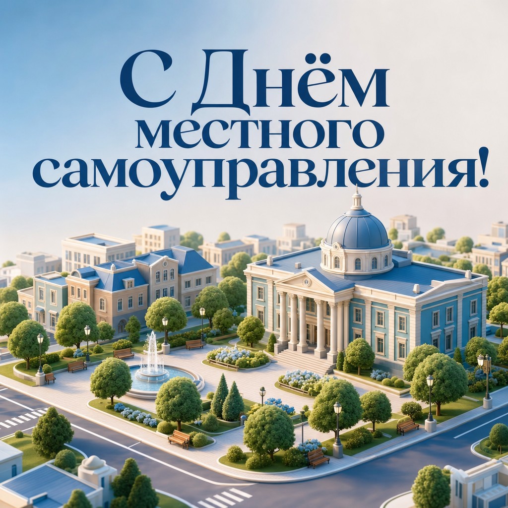 Яркая 3D-открытка ко Дню местного самоуправления с мини-городом, администрацией, парком и улицами.