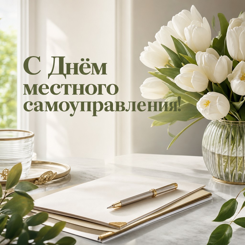 Нежная открытка ко Дню местного самоуправления с белыми тюльпанами, документами и элегантным рабочим настроением.