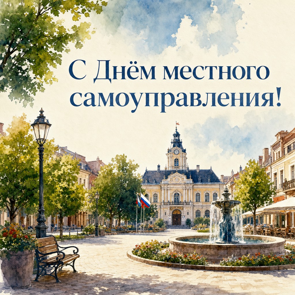 Акварельная открытка ко Дню местного самоуправления с уютной городской площадью, фонтаном и зеленью.