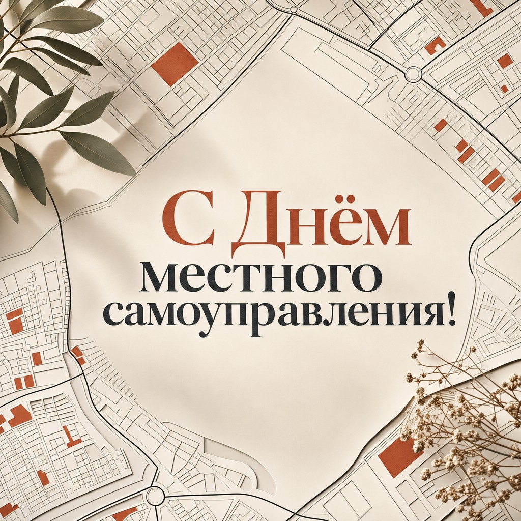 Современная открытка ко Дню местного самоуправления с графичной картой города и лаконичной палитрой.