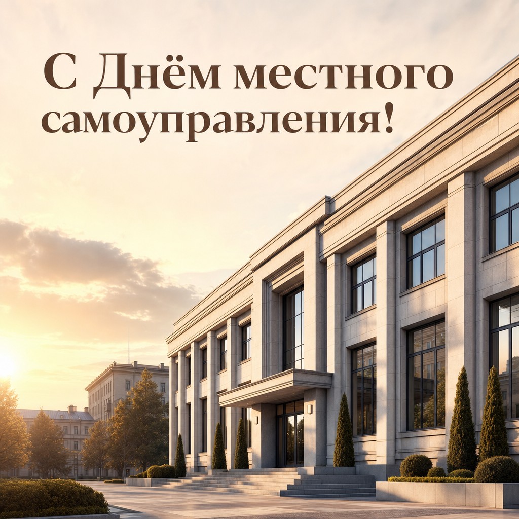 Премиальная открытка ко Дню местного самоуправления с современным зданием администрации в тёплом свете.