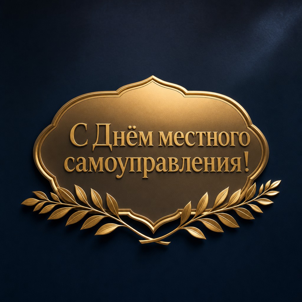Статусная открытка ко Дню местного самоуправления с золотой печатью, лавром и премиальным тёмно-синим фоном.