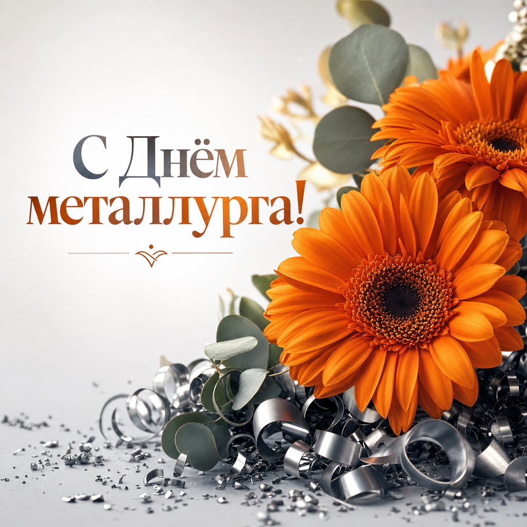 Элегантная открытка ко Дню металлурга с оранжевыми герберами и металлической стружкой.