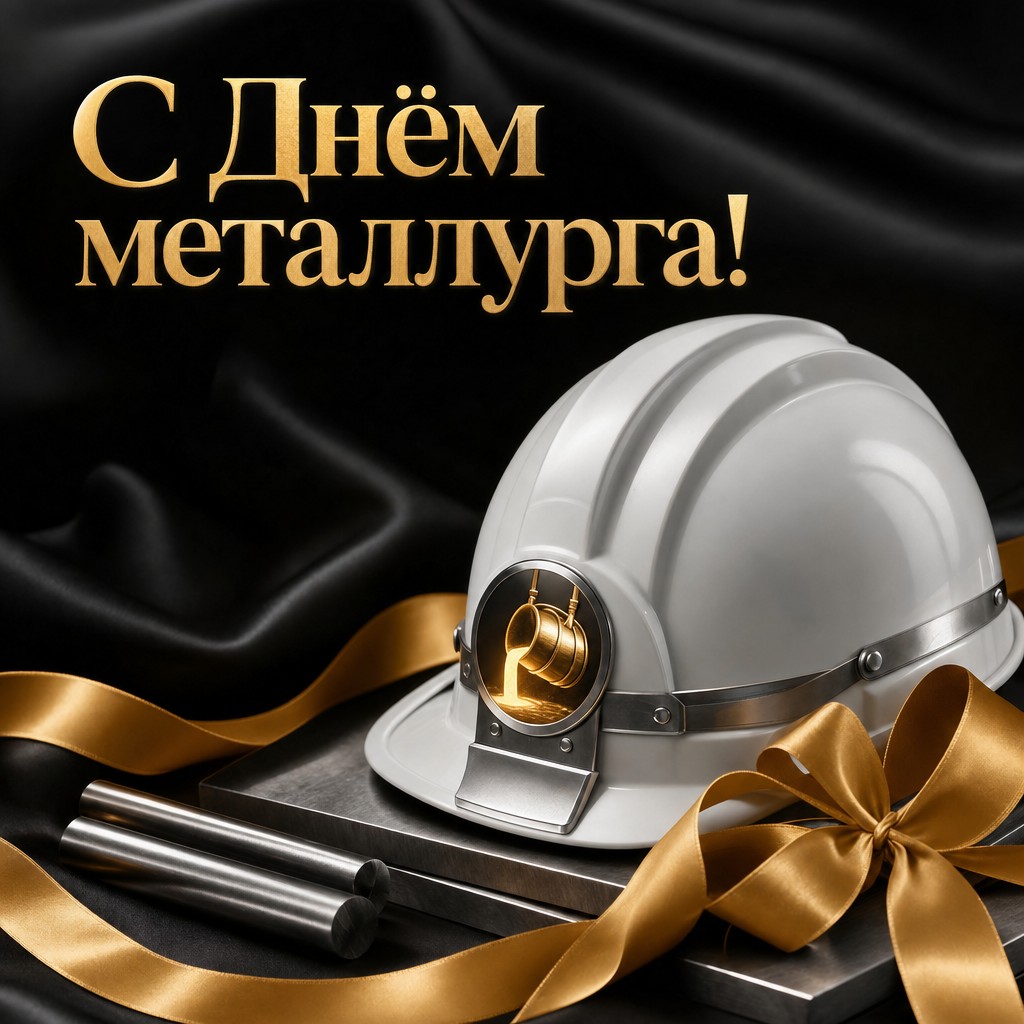 Стильная праздничная открытка ко Дню металлурга с каской и золотой лентой.