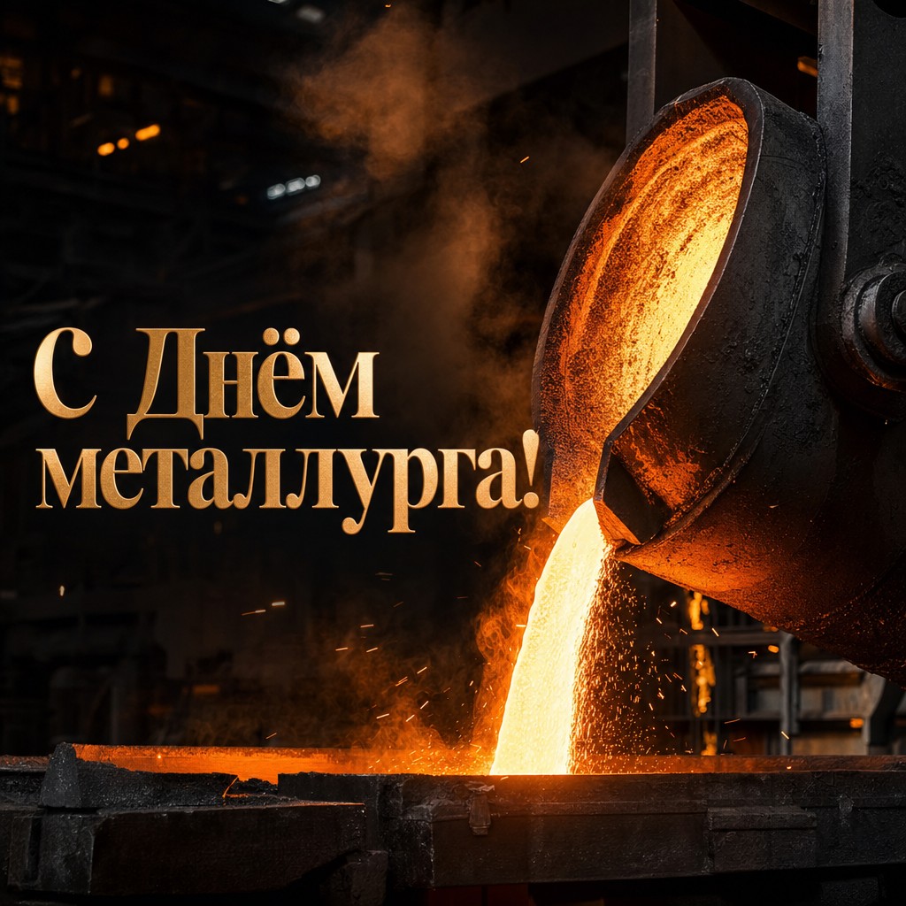 Премиальная открытка ко Дню металлурга с ковшом и ярким расплавленным металлом.