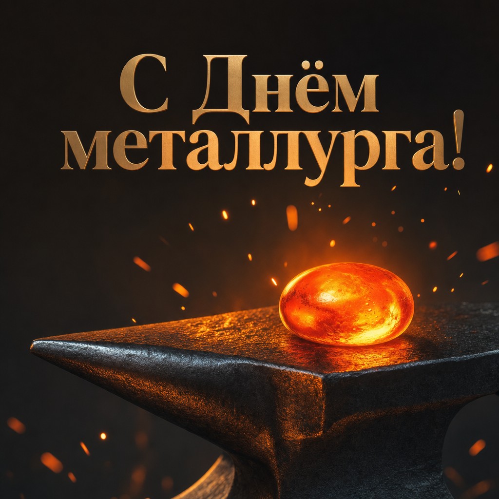 Выразительная открытка ко Дню металлурга с раскалённой каплей металла на наковальне.