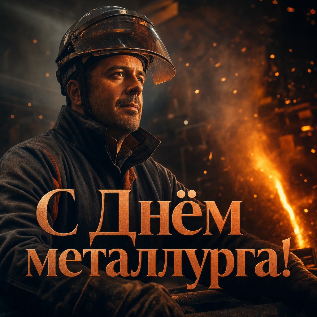 Кинематографичная открытка ко Дню металлурга с рабочим в защитной маске и искрами.