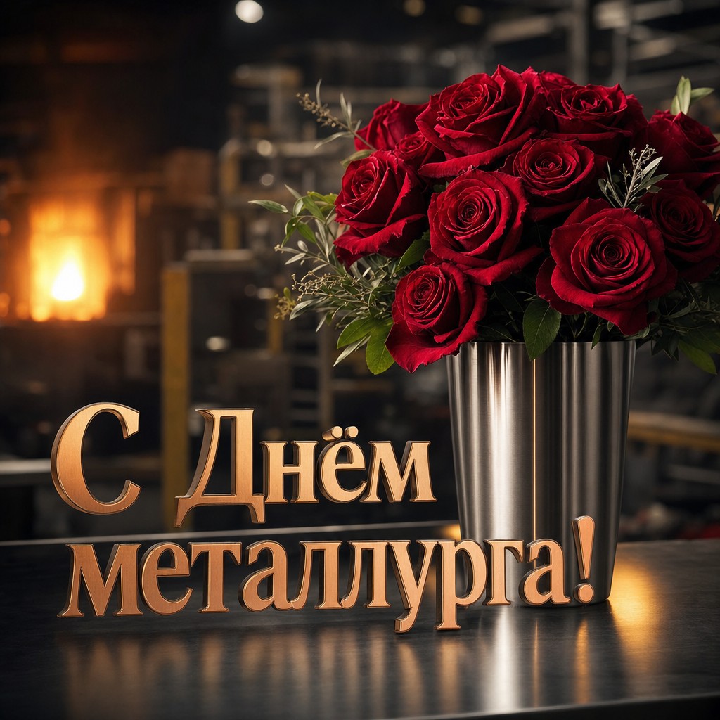 Элегантная открытка ко Дню металлурга с красными розами в стальной вазе.