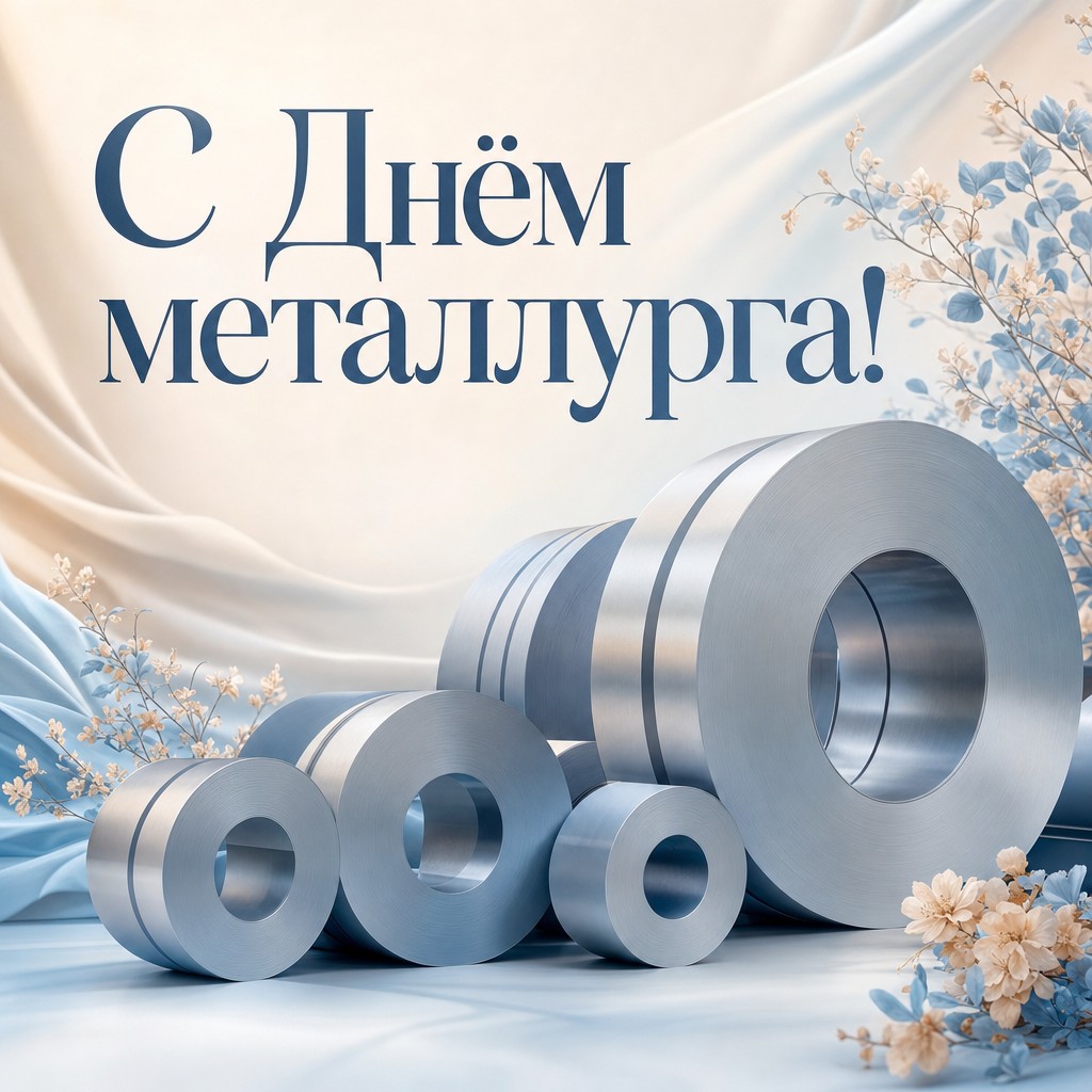 Светлая открытка ко Дню металлурга с аккуратными рулонами листовой стали.