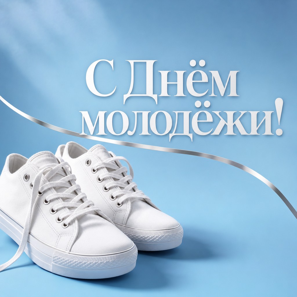 Минималистичная премиальная открытка ко Дню молодёжи с белыми кедами на чистом голубом фоне.