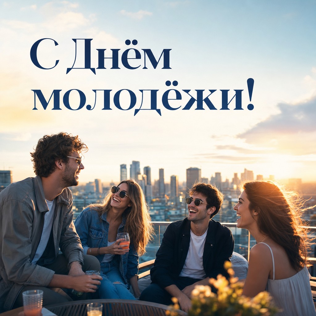 Стильная открытка ко Дню молодёжи с компанией друзей на городской крыше в тёплом закатном свете.
