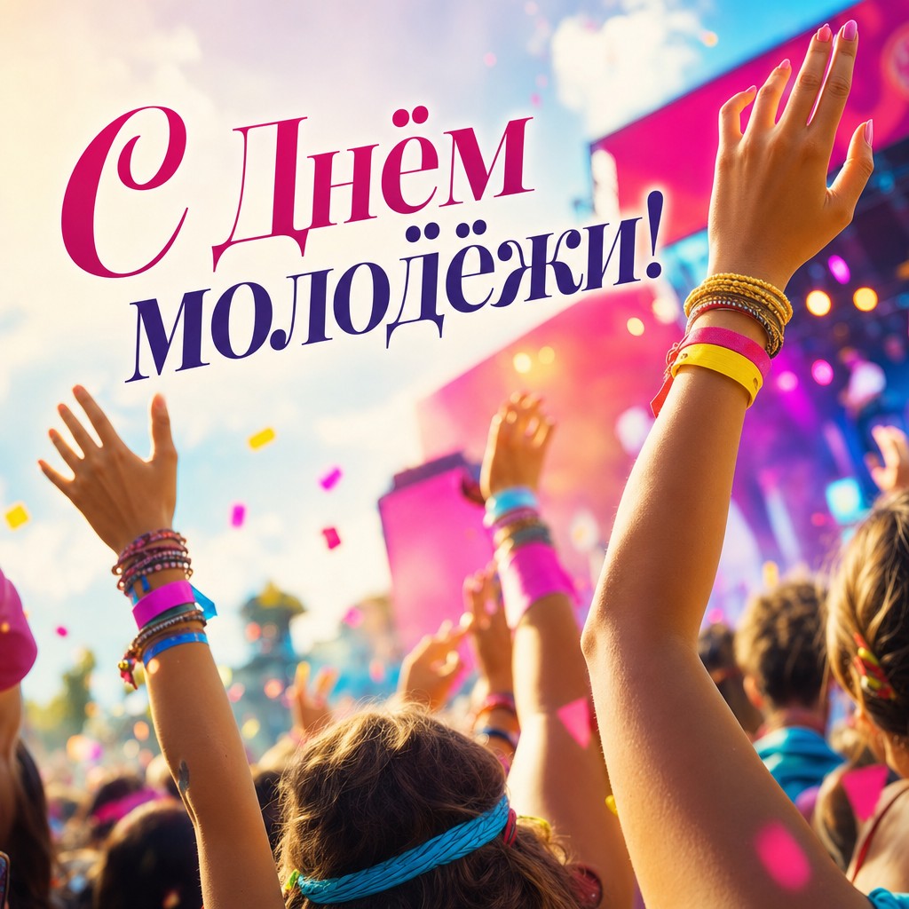 Яркая открытка ко Дню молодёжи с фестивальными браслетами, музыкой и летним настроением.
