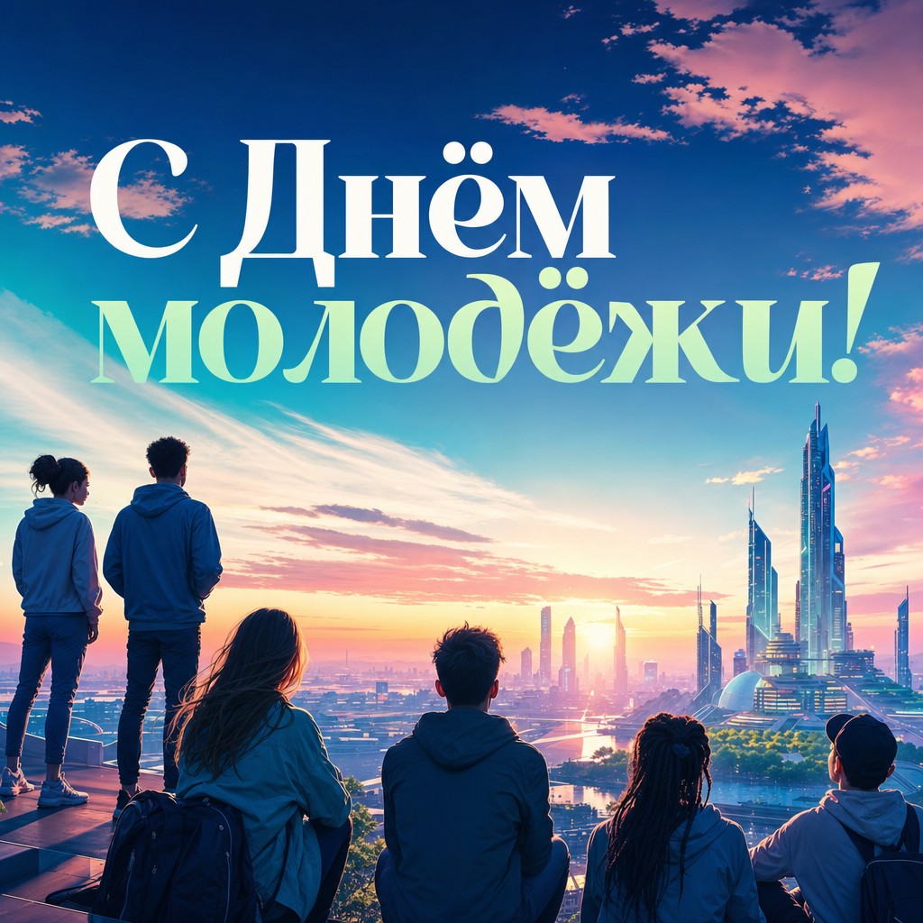 Вдохновляющая открытка ко Дню молодёжи с молодыми силуэтами и футуристическим городом на рассвете.