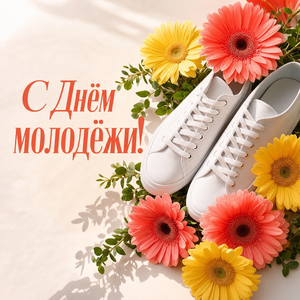 Яркая открытка ко Дню молодёжи с белыми кроссовками и герберами в современной свежей палитре.