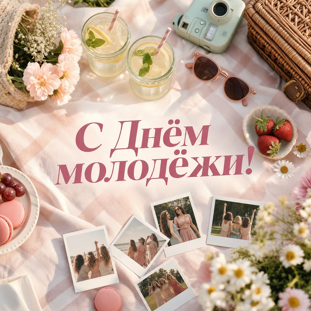 Нежная пастельная открытка ко Дню молодёжи с летним пикником, лимонадом и полароидными снимками.