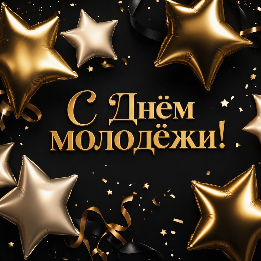 Премиальная открытка ко Дню молодёжи с золотыми шарами-звёздами, шампанской палитрой и праздничным настроением.
