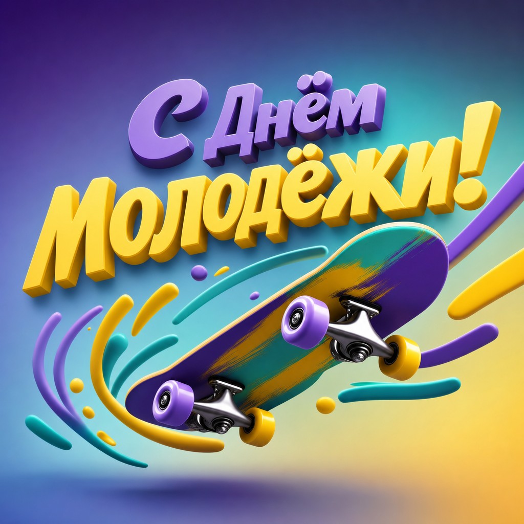 Динамичная 3D-открытка ко Дню молодёжи со скейтбордом в фиолетово-бирюзовой палитре.