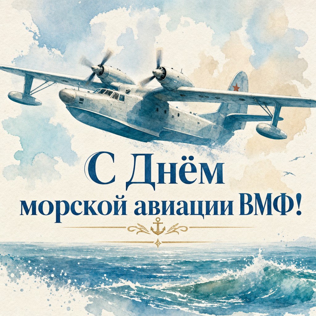 Нежная акварельная открытка ко Дню морской авиации ВМФ России с гидросамолётом над волнами.