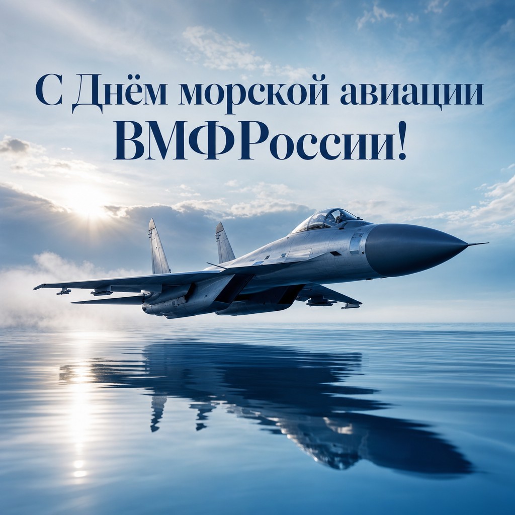 Премиальная открытка ко Дню морской авиации ВМФ России с истребителем над морем.