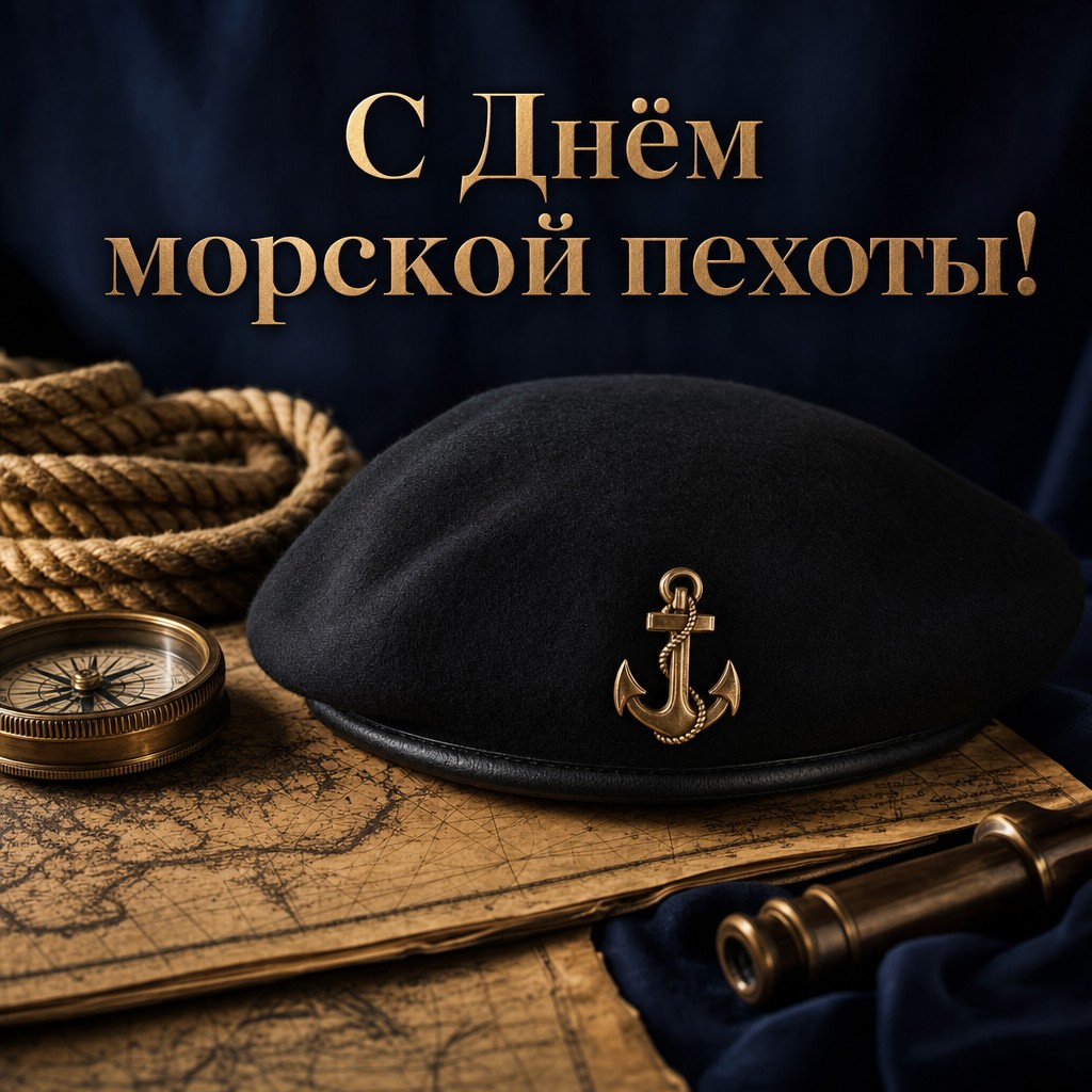Стильная открытка на День морской пехоты с чёрным беретом, картой и морским компасом.