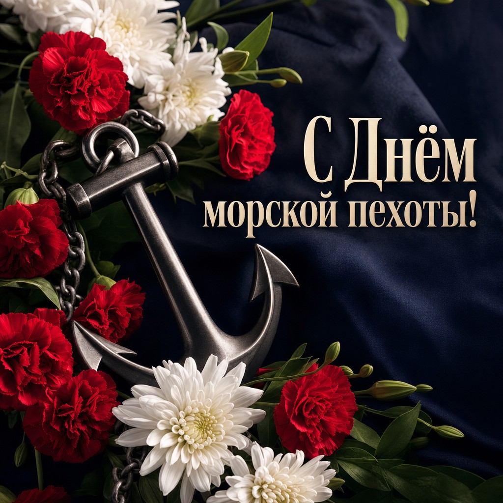 Поздравительная открытка на День морской пехоты с красными гвоздиками и якорем в строгой морской палитре.