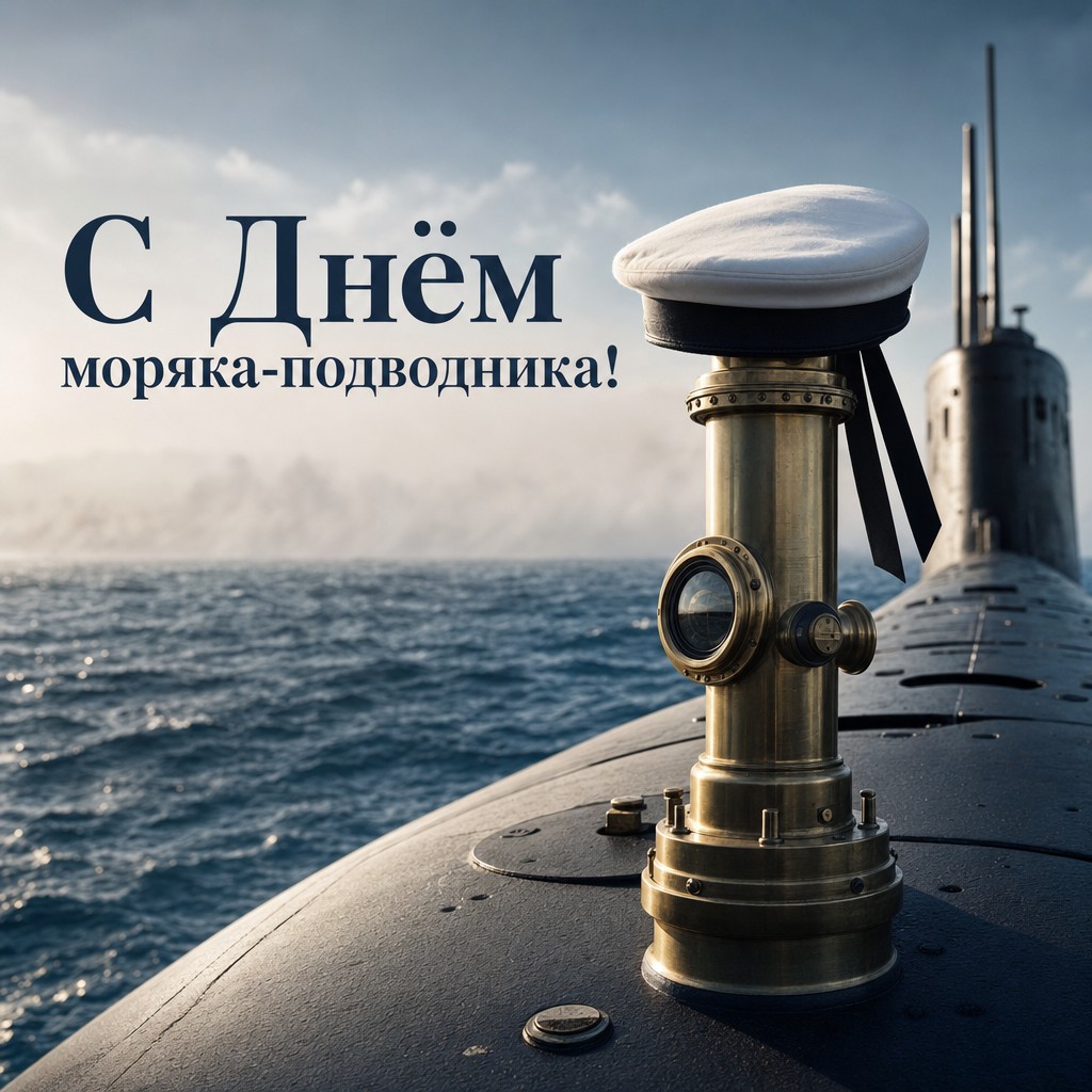 Стильная открытка ко Дню моряка-подводника с бескозыркой, перископом и морским настроением.