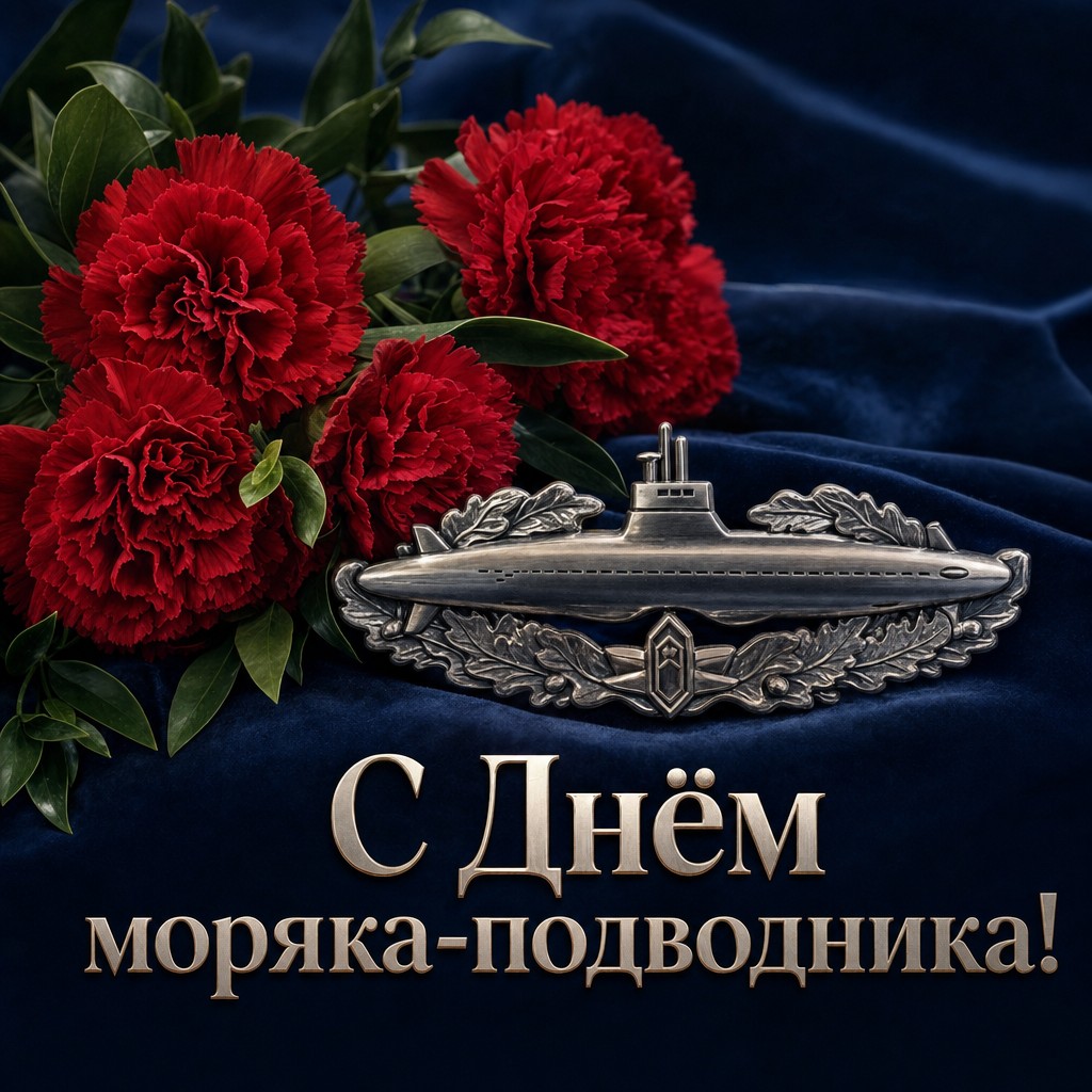 Торжественная открытка ко Дню моряка-подводника с красными гвоздиками и эмблемой службы.