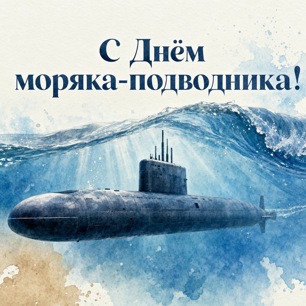 Нежная акварельная открытка ко Дню моряка-подводника с подводной лодкой под морской волной.