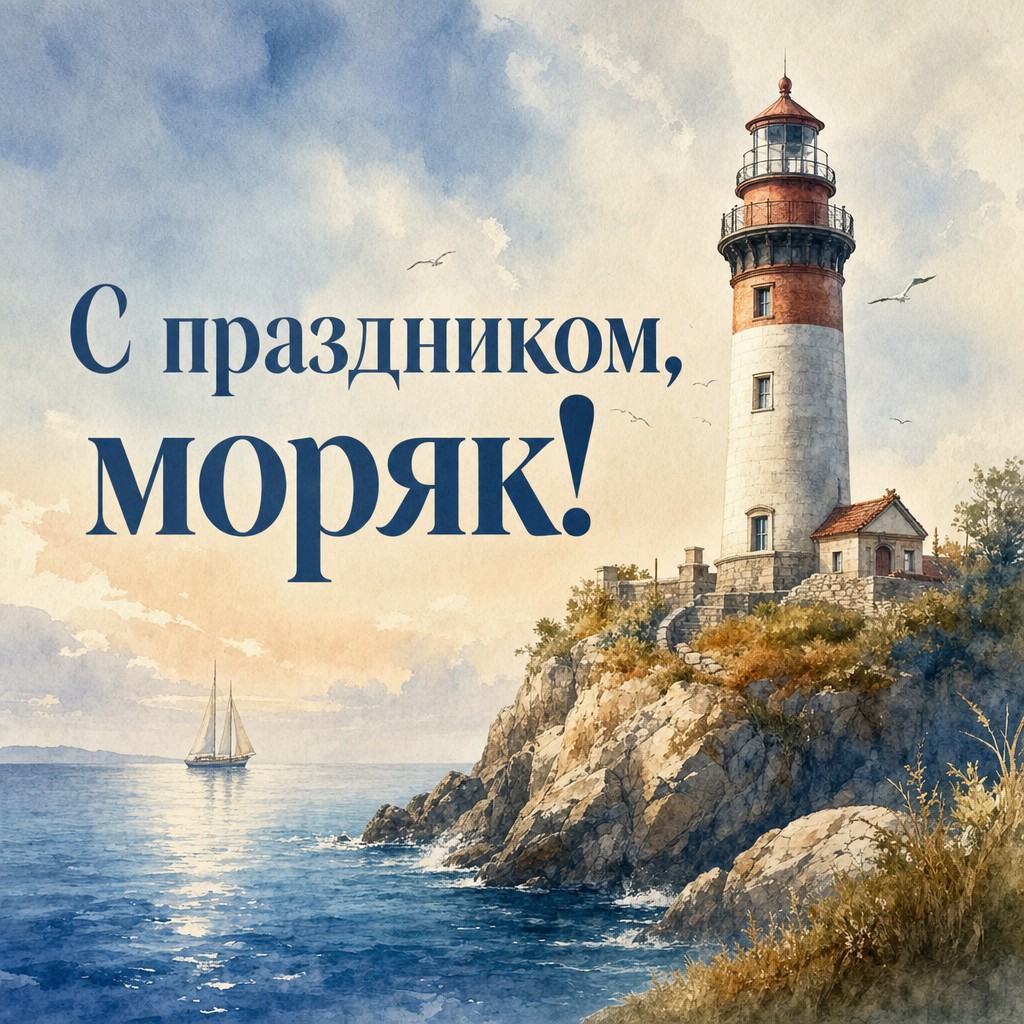 Нежная акварельная открытка на День моряка с маяком, морем и спокойной прибрежной атмосферой.