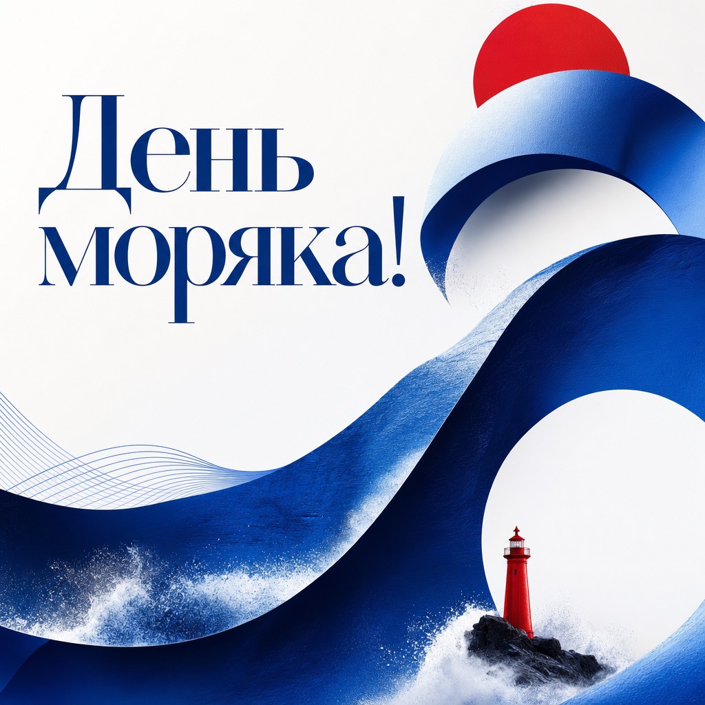 Современная открытка на День моряка с лаконичной синей волной и чистой дизайнерской композицией.