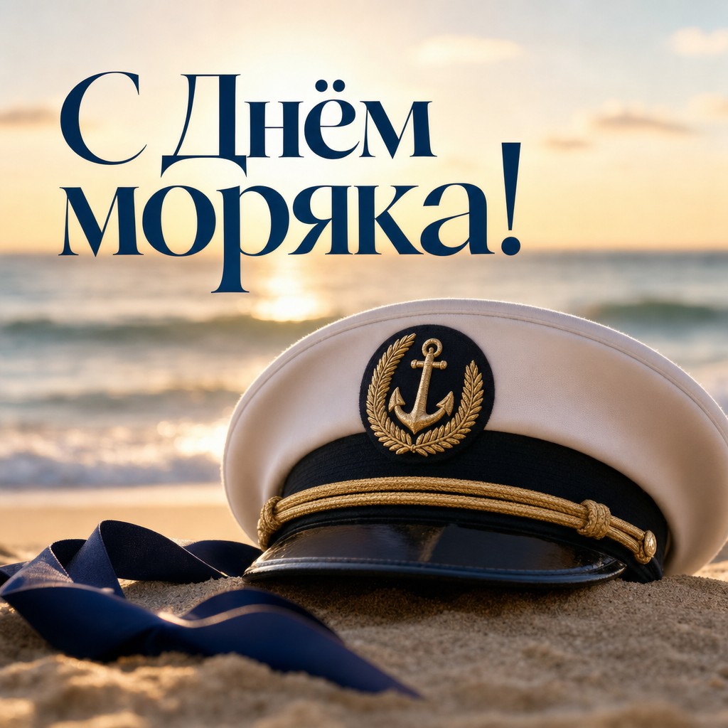 Премиальная открытка на День моряка с капитанской фуражкой, морем и золотым закатным светом.