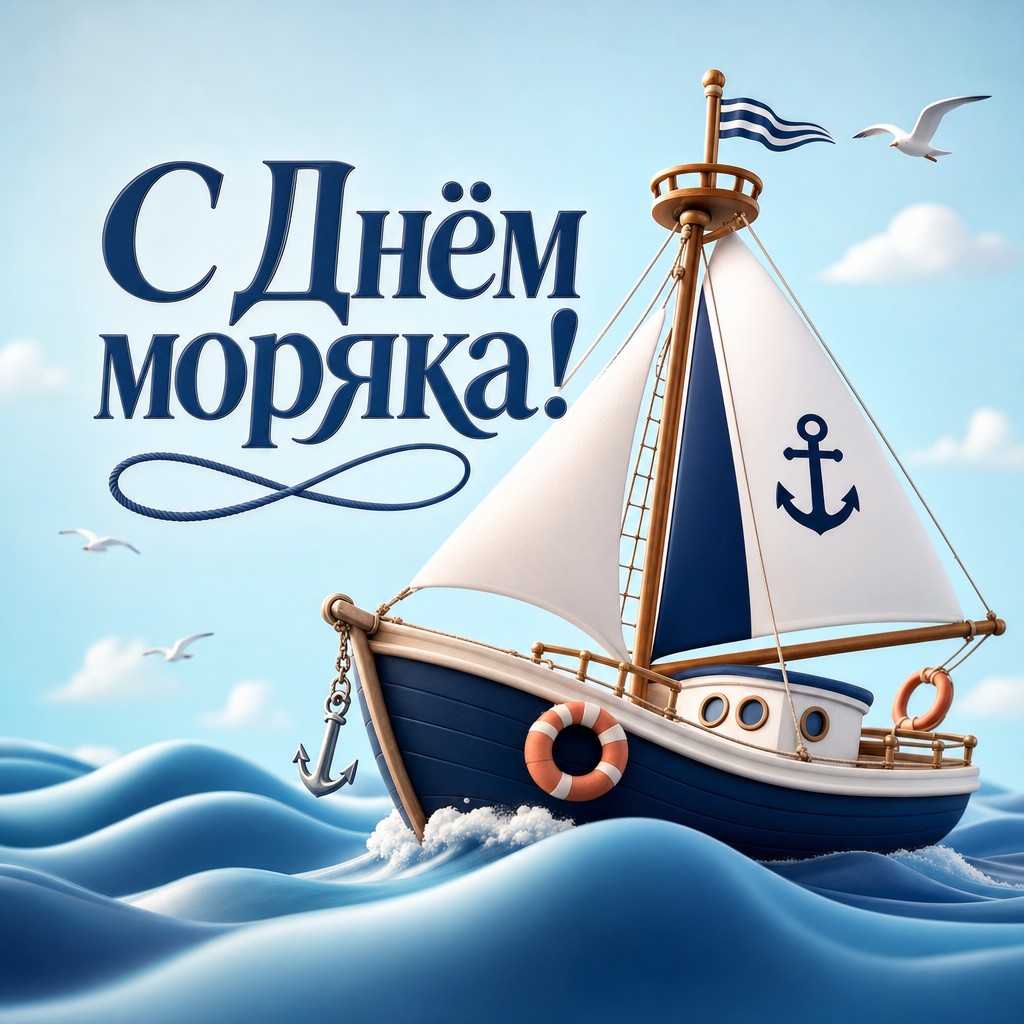 Яркая открытка на День моряка с объёмным корабликом, мягкими волнами и лёгким морским настроением.