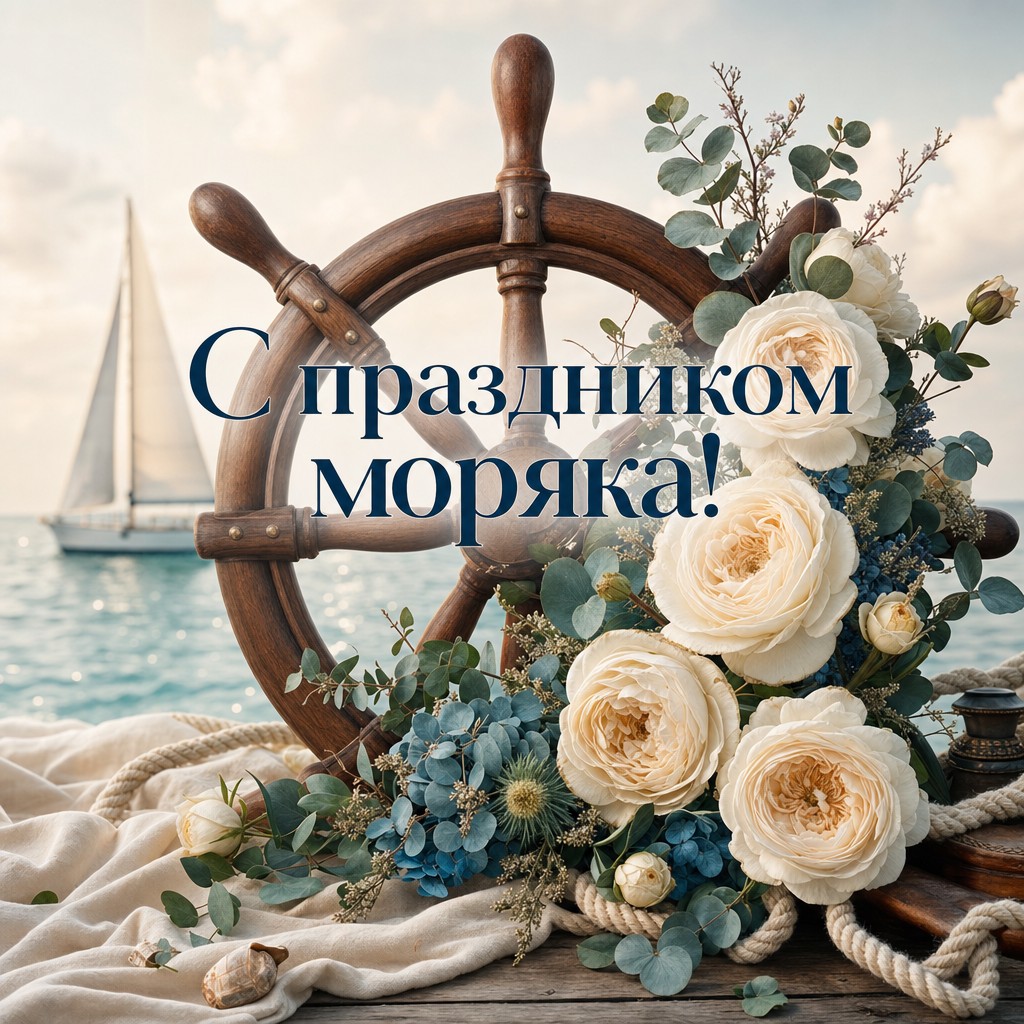 Элегантная открытка на День моряка со штурвалом, белыми цветами и морским настроением.