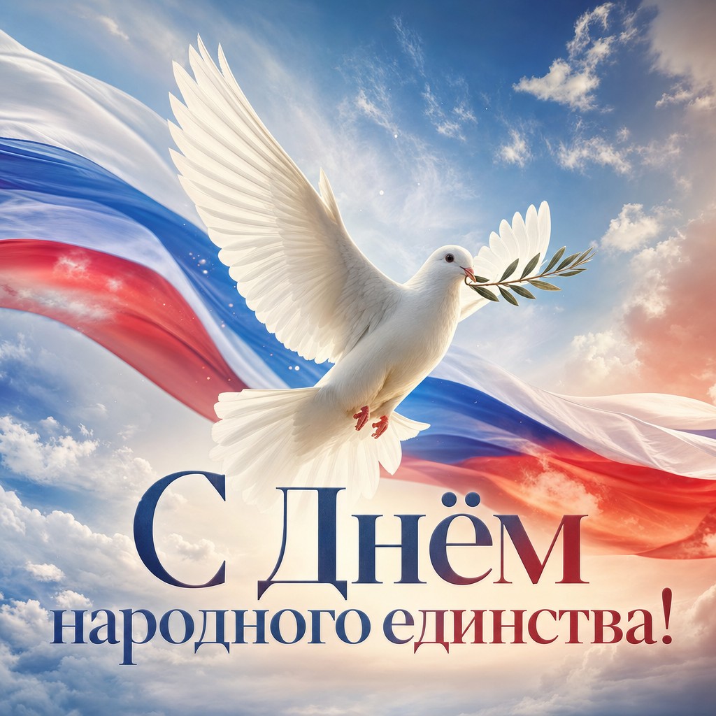 Мирная открытка ко Дню народного единства с белым голубем и нежными праздничными акцентами.