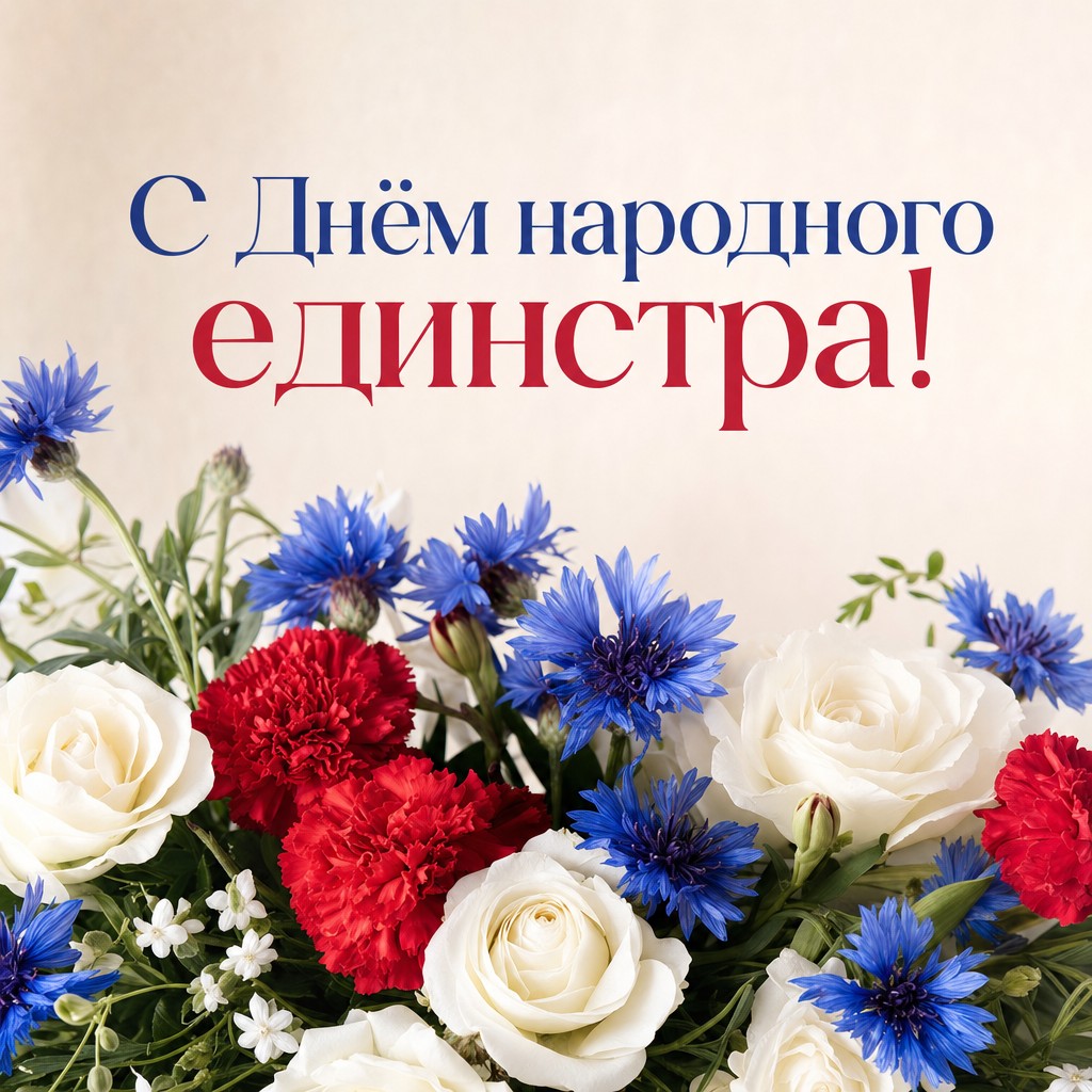 Нежная цветочная открытка ко Дню народного единства с букетом в цветах российского триколора.