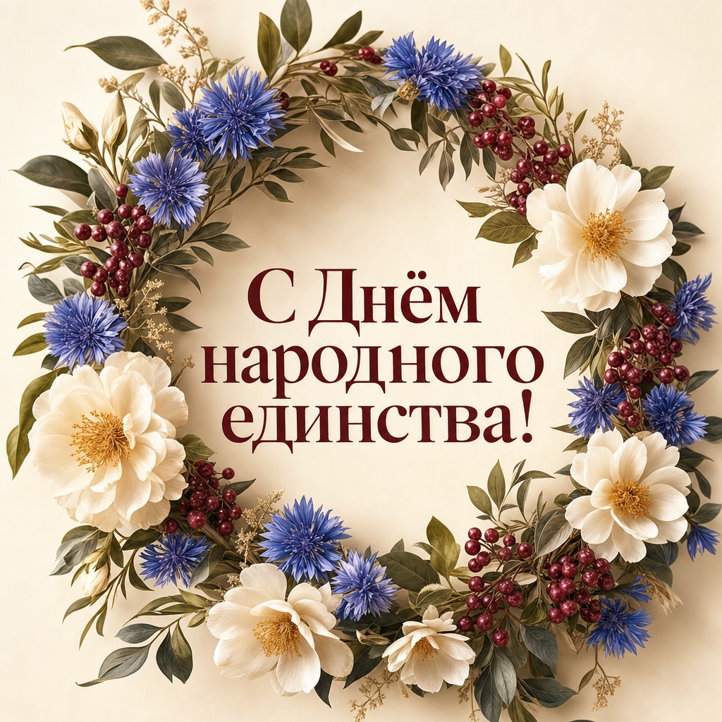 Изысканная открытка ко Дню народного единства с цветочным венком в благородной палитре.