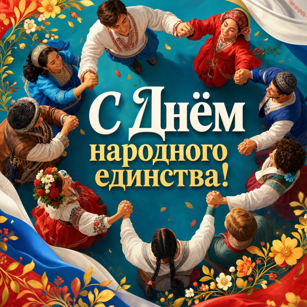 Яркая открытка ко Дню народного единства с дружным кругом людей, символом согласия и общности.